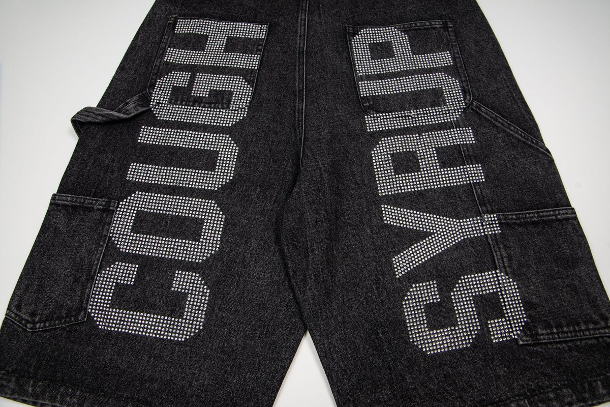 THAT'S A AWFUL LOT OF COUGH SYRUP Rhinestone Washed Denim Shorts — detail