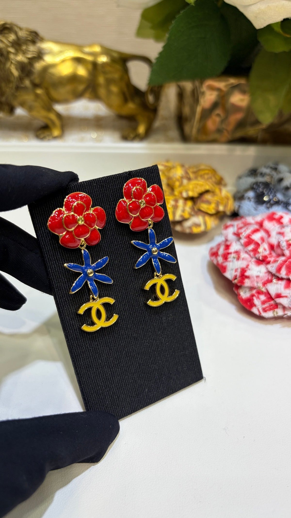 Chanel 2026 Gold Double C Enamel Flower Long Stud Earrings
