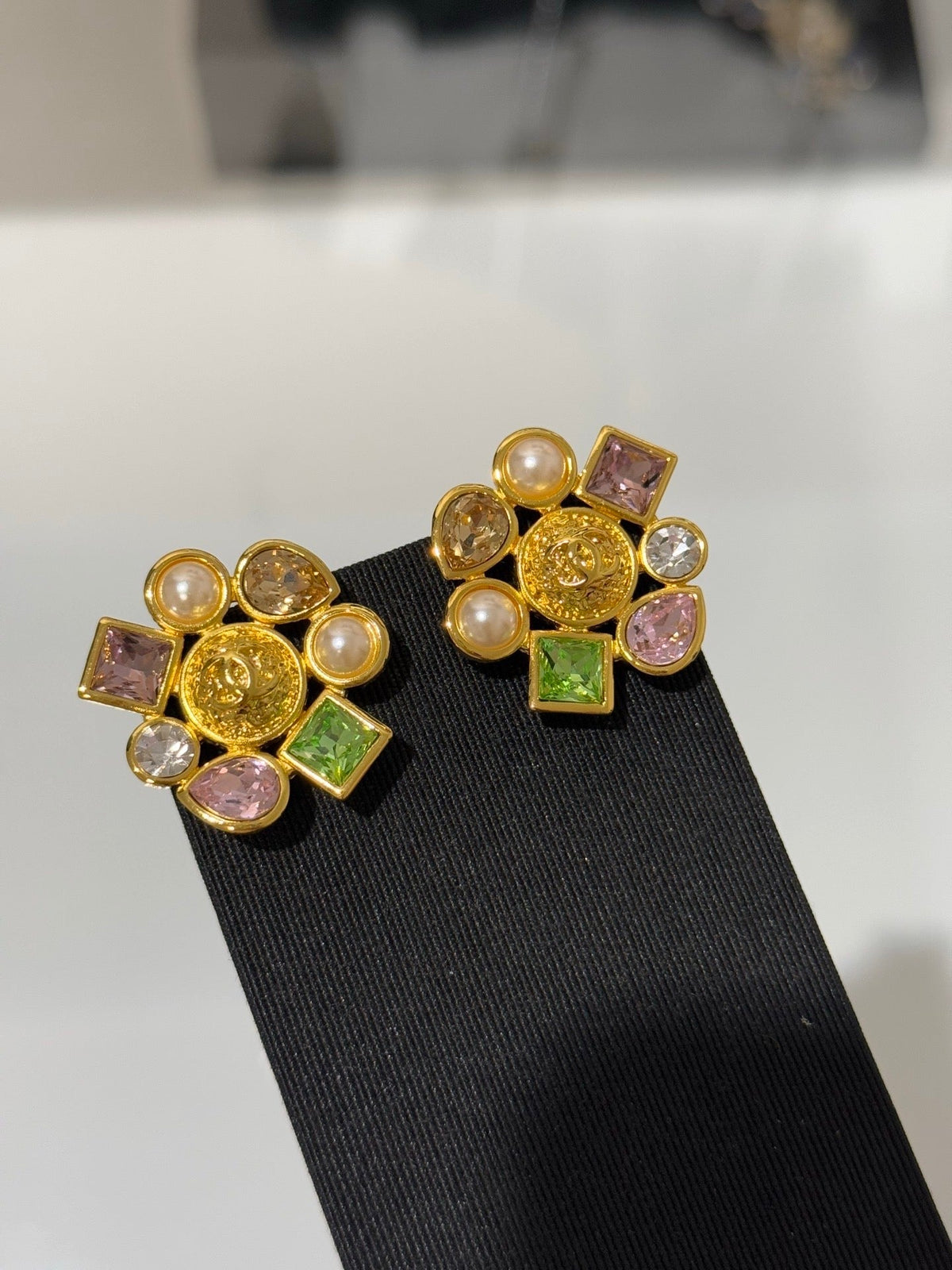 Chanel 2026 Irregular Colored Gemstone Gold Double C Glass Pearl Stud Earrings
